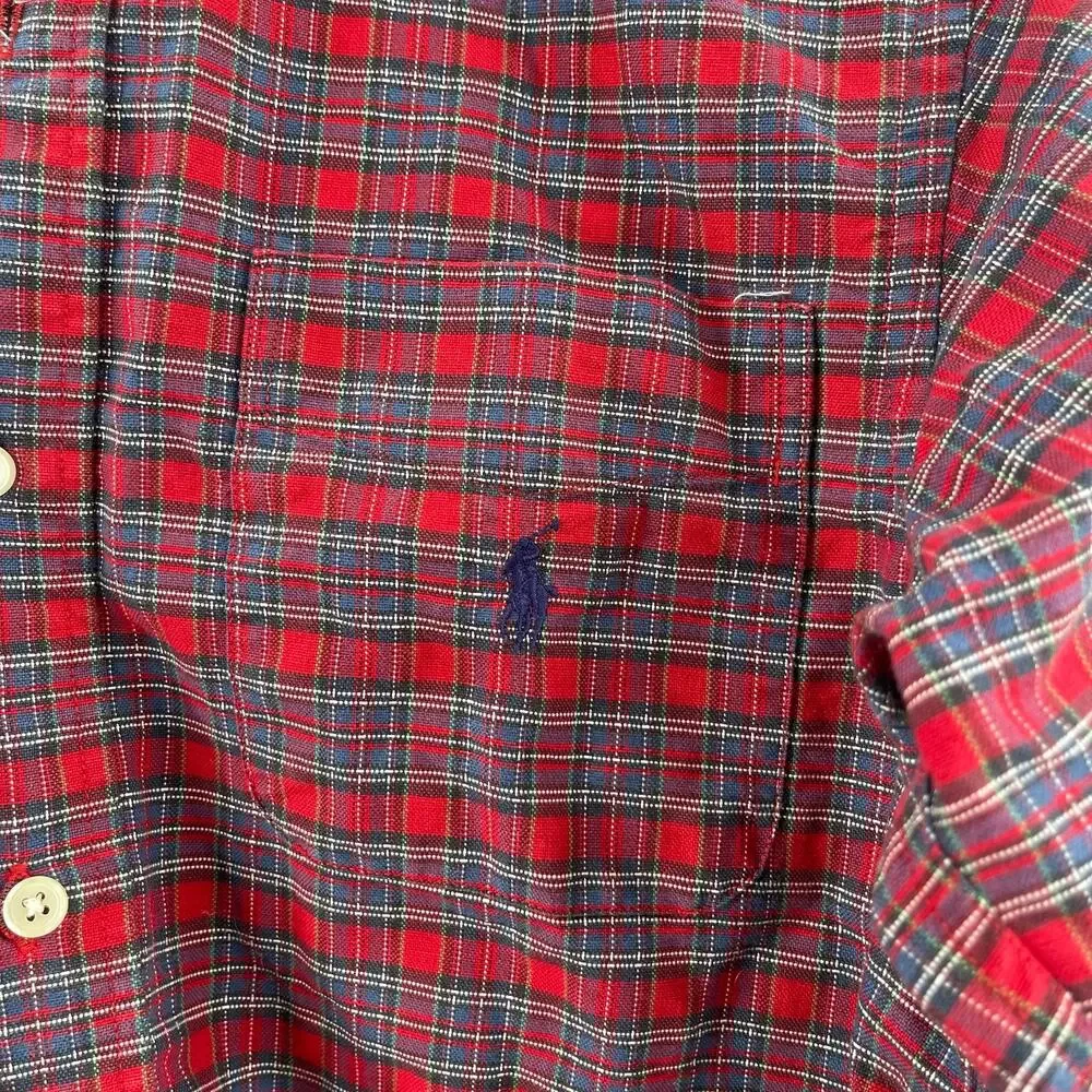 RALPH LAUREN Boys Button Down Shirt Size Medium Plaid Tartan 100% Cotton Red